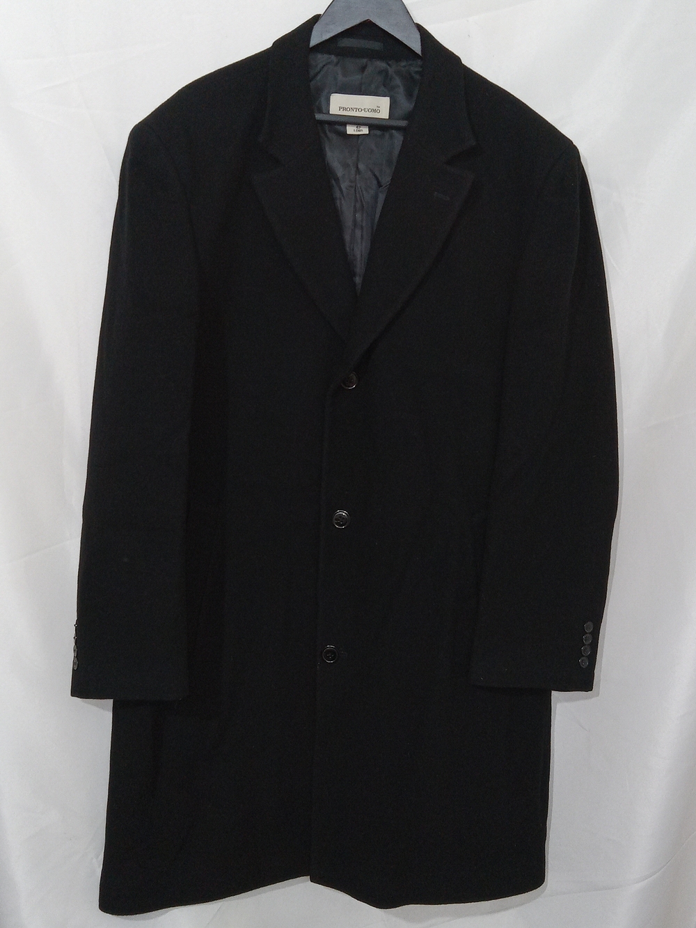 Pronto Uomo Mens 42L Wool Cashmere Blend Black Overcoat Top Coat Long Coat